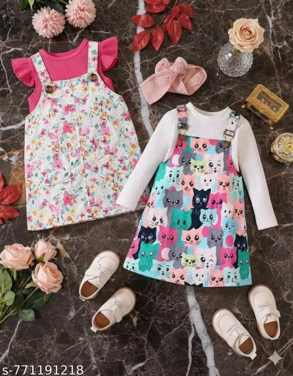 White_Cotton_Blend_Printed_Regular_T-Shirt_Dungaree_Set_For_Girls_(Pack_Of_2)