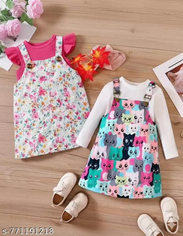 White_Cotton_Blend_Printed_Regular_T-Shirt_Dungaree_Set_For_Girls_(Pack_Of_2)