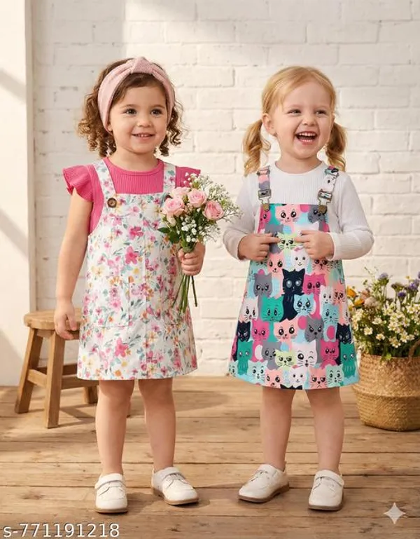 White_Cotton_Blend_Printed_Regular_T-Shirt_Dungaree_Set_For_Girls_(Pack_Of_2)
