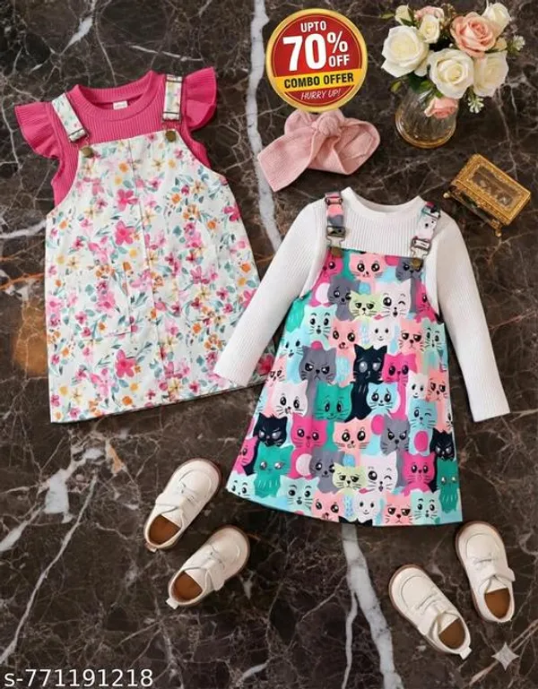 White_Cotton_Blend_Printed_Regular_T-Shirt_Dungaree_Set_For_Girls_(Pack_Of_2)