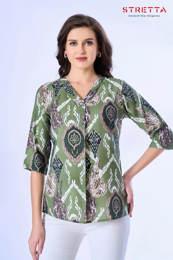 Elegant_Green_Printed_V_Neck_Top