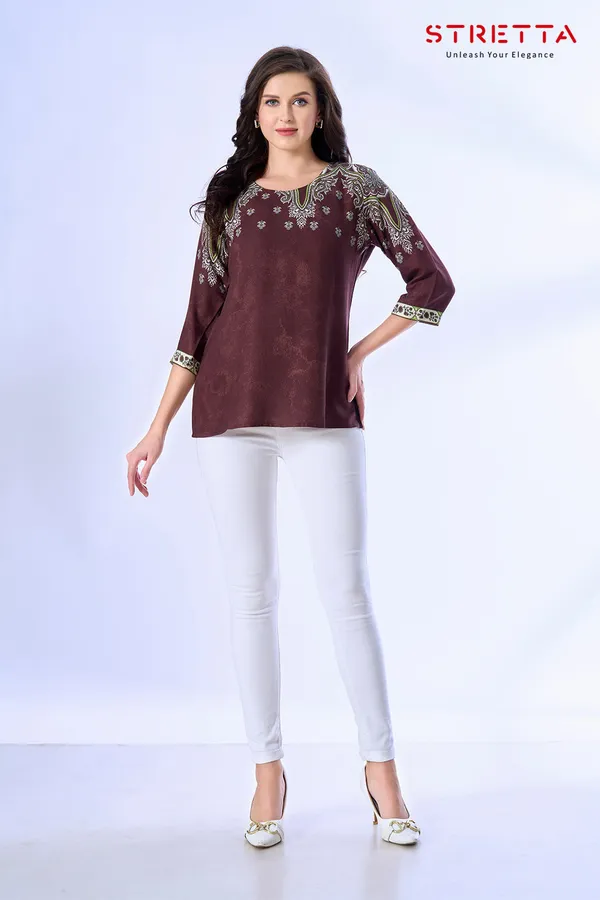 Wine_Brown_Ethnic_Printed_3_4_Sleeve_Casual_Top_For_Women