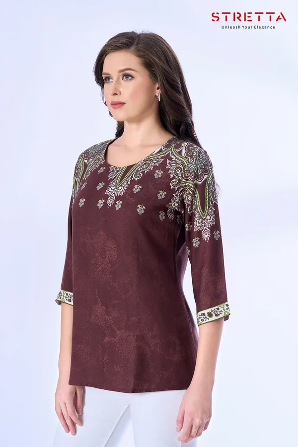 Wine_Brown_Ethnic_Printed_3_4_Sleeve_Casual_Top_For_Women