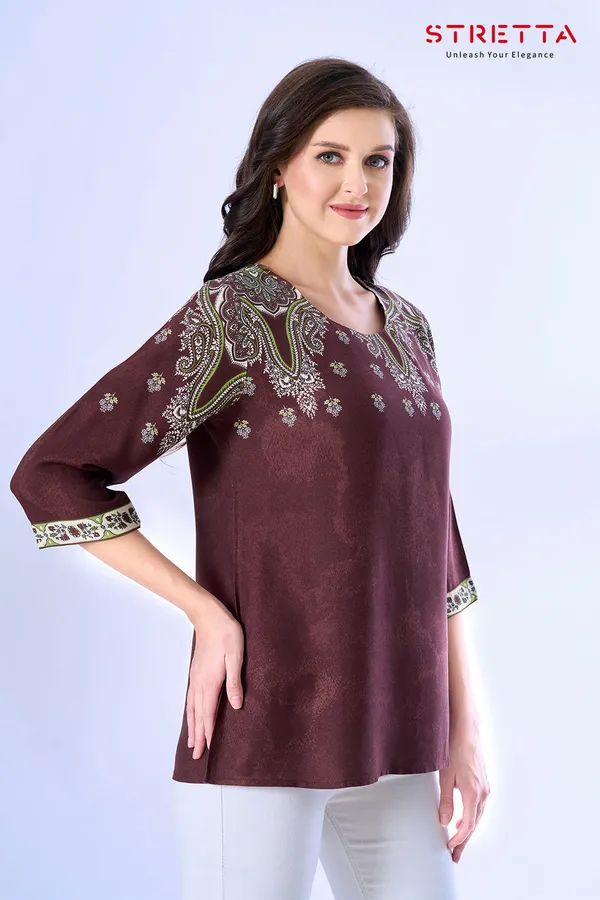 Wine_Brown_Ethnic_Printed_3_4_Sleeve_Casual_Top_For_Women