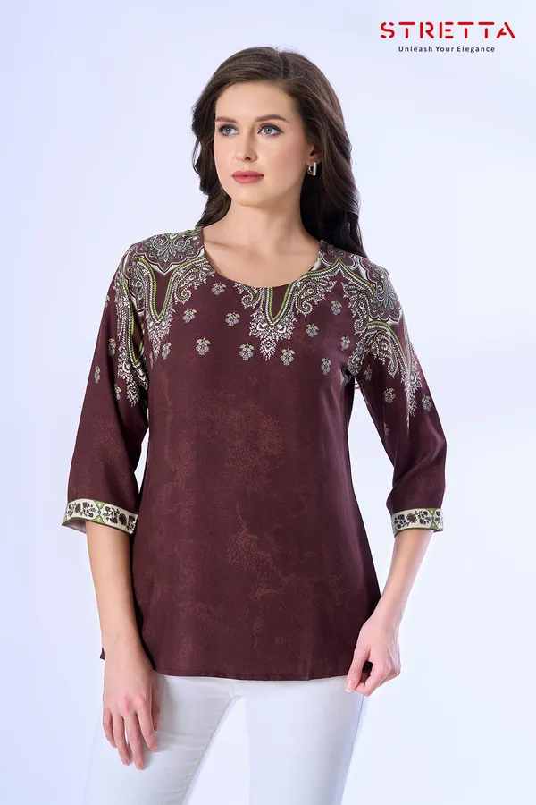 Wine_Brown_Ethnic_Printed_3_4_Sleeve_Casual_Top_For_Women