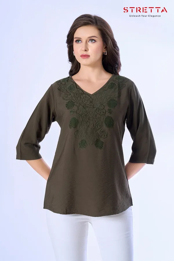 Olive_Green_Embroidered_V_Neck_Casual_Top_For_Women