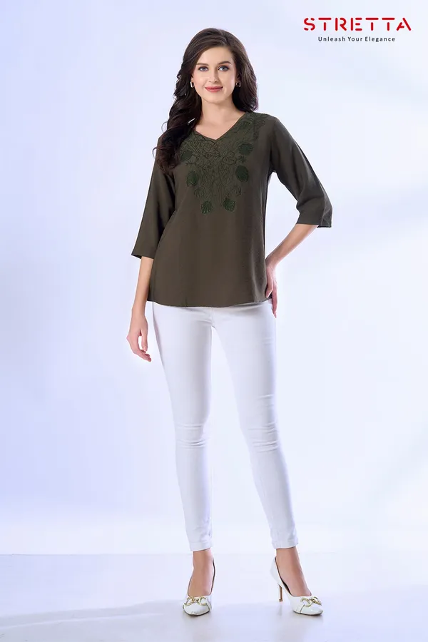 Olive_Green_Embroidered_V_Neck_Casual_Top_For_Women