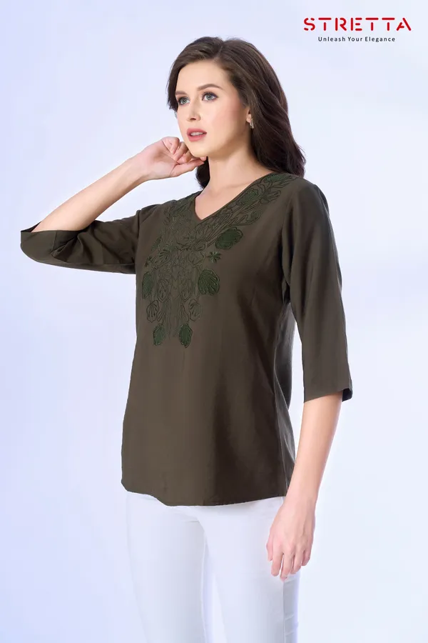 Olive_Green_Embroidered_V_Neck_Casual_Top_For_Women