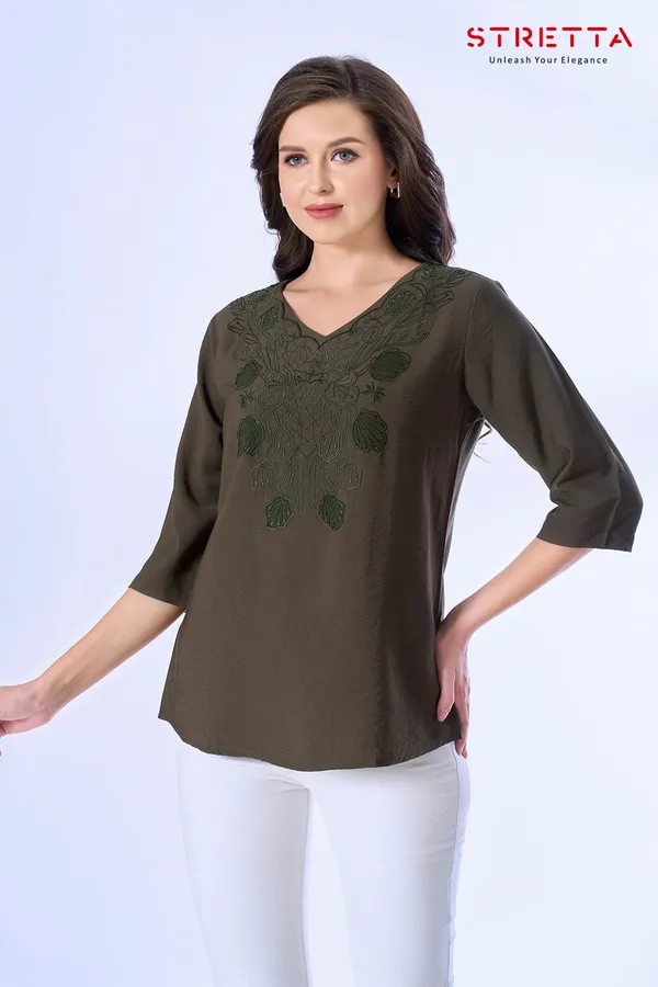 Olive_Green_Embroidered_V_Neck_Casual_Top_For_Women