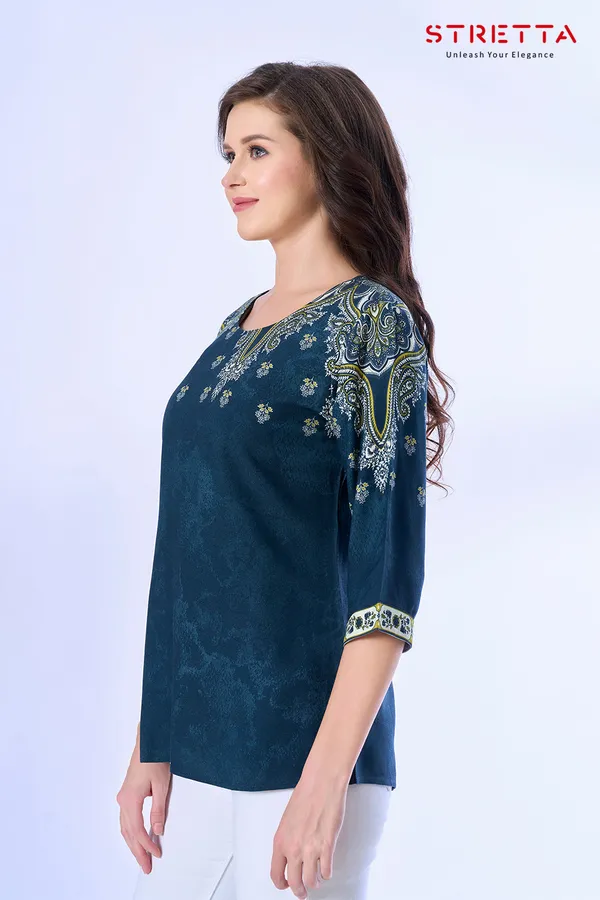 Teal_Blue_Ethnic_Printed_Straight_Fit_Top_For_Women