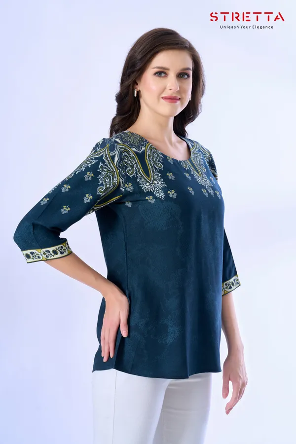 Teal_Blue_Ethnic_Printed_Straight_Fit_Top_For_Women