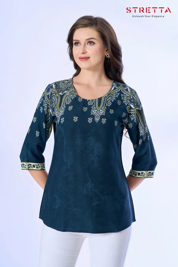 Teal_Blue_Ethnic_Printed_Straight_Fit_Top_For_Women