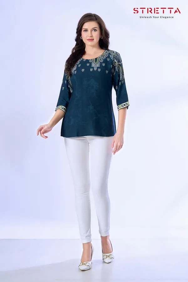 Teal_Blue_Ethnic_Printed_Straight_Fit_Top_For_Women