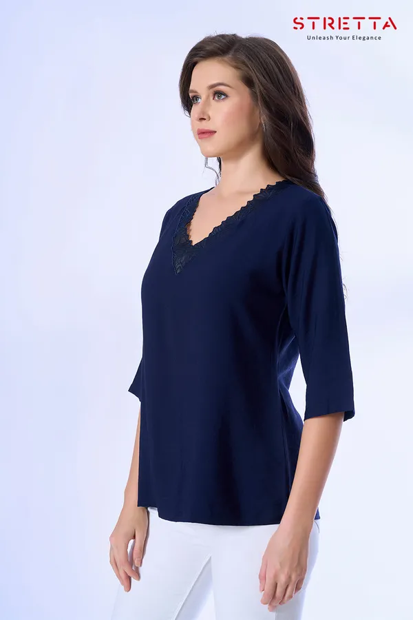 Women_S_Navy_Blue_Lace_Trim_V_Neck_Top