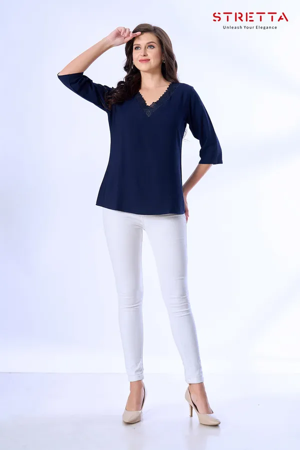 Women_S_Navy_Blue_Lace_Trim_V_Neck_Top