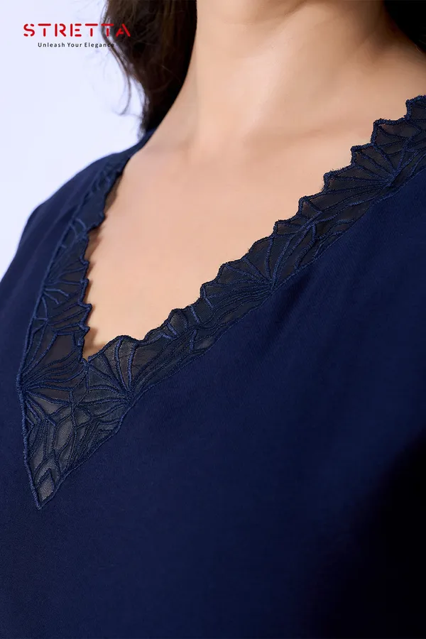 Women_S_Navy_Blue_Lace_Trim_V_Neck_Top