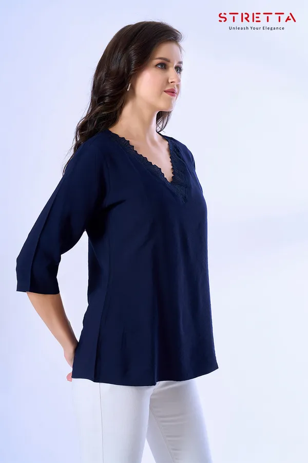 Women_S_Navy_Blue_Lace_Trim_V_Neck_Top