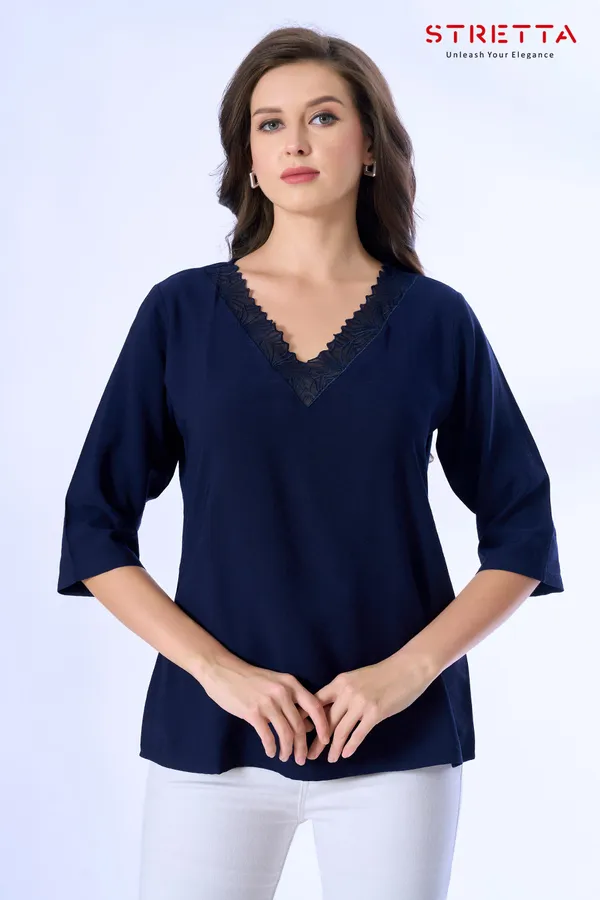 Women_S_Navy_Blue_Lace_Trim_V_Neck_Top