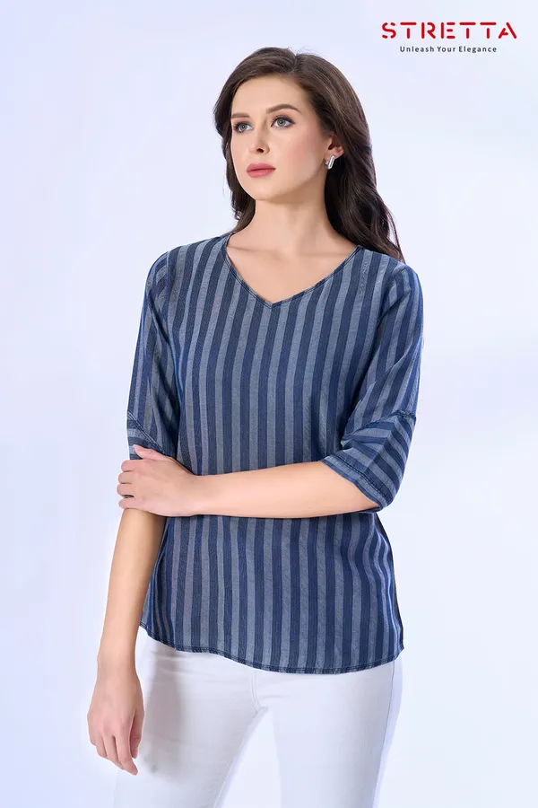 Women_S_Navy_Blue_Striped_V_Neck_Top