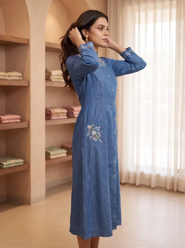 Blue_Denim_Floral_Embroidered_A-Line_Button-Down_Long_Kurta