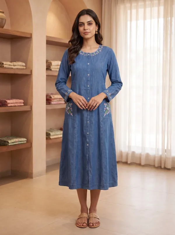 Blue_Denim_Floral_Embroidered_A-Line_Button-Down_Long_Kurta