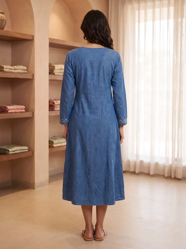 Blue_Denim_Floral_Embroidered_A-Line_Button-Down_Long_Kurta