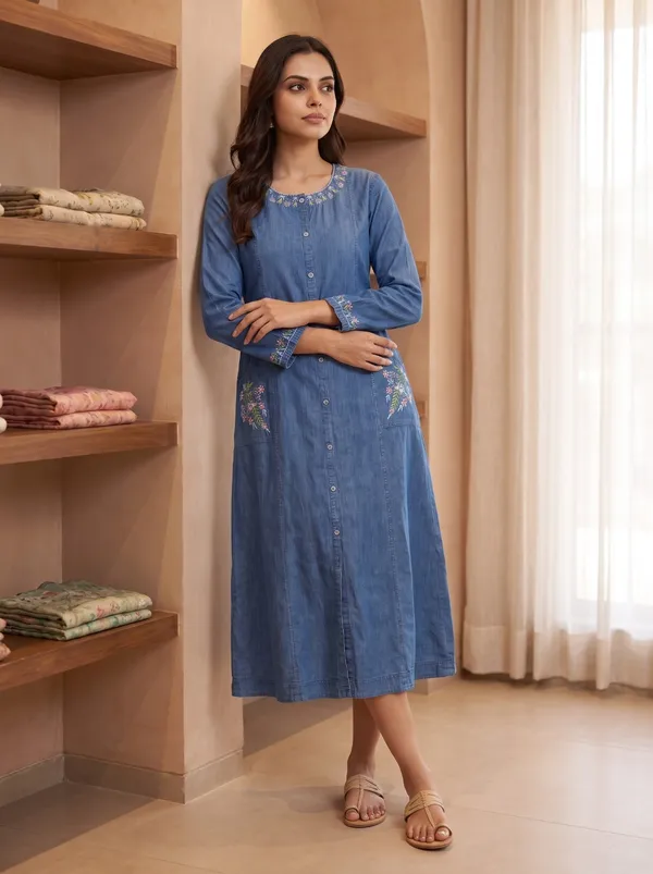 Blue_Denim_Floral_Embroidered_A-Line_Button-Down_Long_Kurta