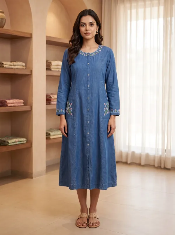Blue_Denim_Floral_Embroidered_A-Line_Button-Down_Long_Kurta