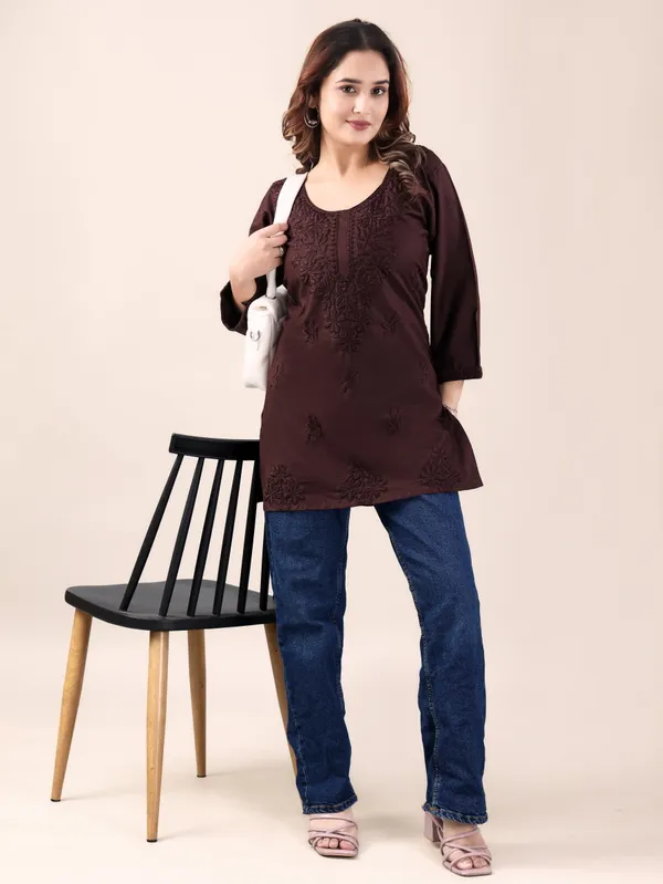 Coffee_Brown_Chikankari_Embroidered_Rayon_Short_Kurti