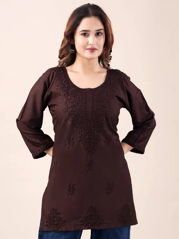 Coffee_Brown_Chikankari_Embroidered_Rayon_Short_Kurti