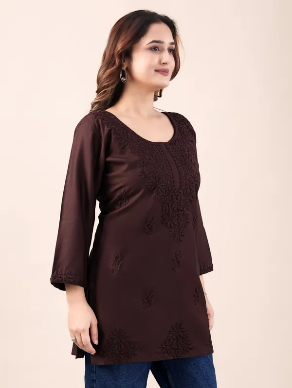 Coffee_Brown_Chikankari_Embroidered_Rayon_Short_Kurti