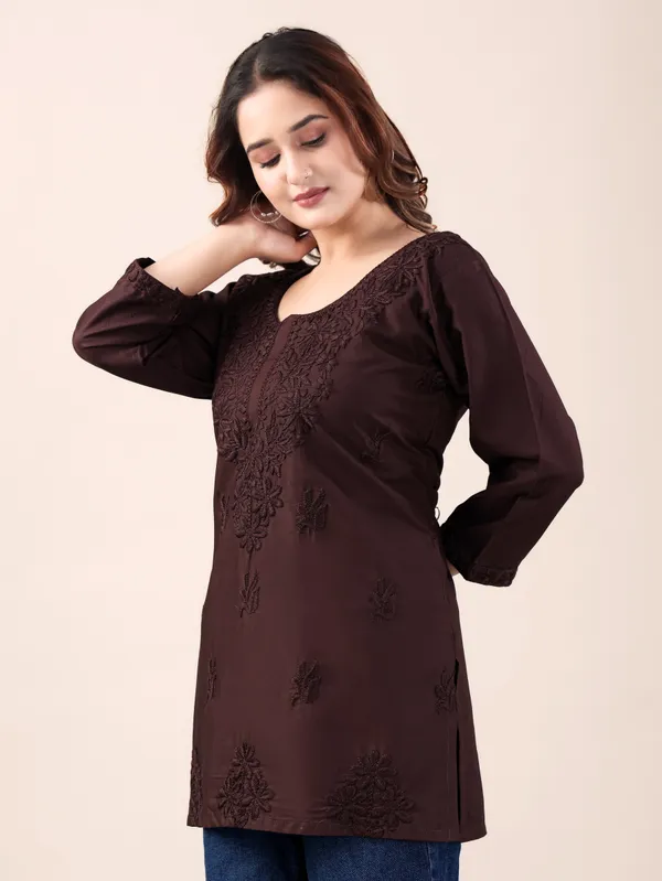 Coffee_Brown_Chikankari_Embroidered_Rayon_Short_Kurti