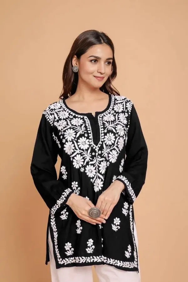 Rudra_Lifestyle_Women_Chikan_Embroidery_A-Line_Kurta_Black