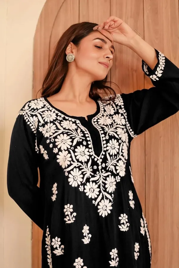 Rudra_Lifestyle_Women_Chikan_Embroidery_A-Line_Kurta_Black