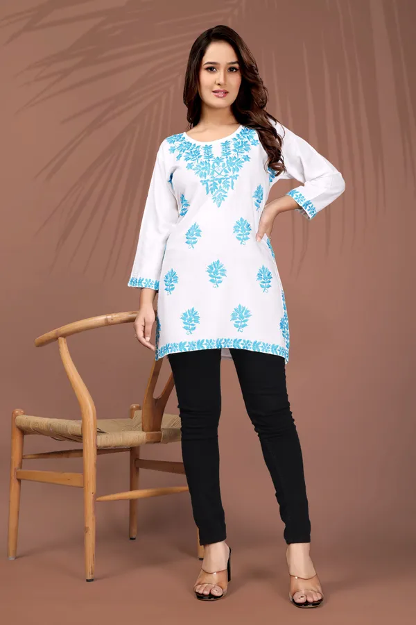 Rudra_Lifestyle_Women_Chikan_Embroidery_A-Line_Kurta_White_And_Light_Blue