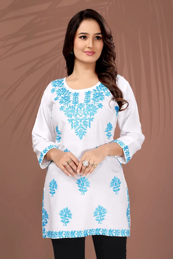 Rudra_Lifestyle_Women_Chikan_Embroidery_A-Line_Kurta_White_And_Light_Blue