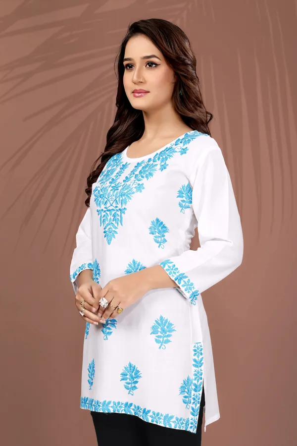 Rudra_Lifestyle_Women_Chikan_Embroidery_A-Line_Kurta_White_And_Light_Blue