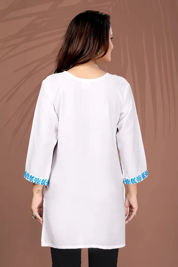 Rudra_Lifestyle_Women_Chikan_Embroidery_A-Line_Kurta_White_And_Light_Blue