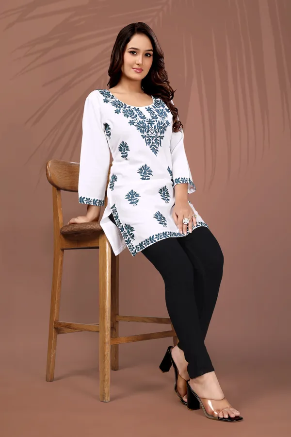 Rudra_Lifestyle_Women_Chikan_Embroidery_A-Line_Kurta_White_And_Dark_Blue