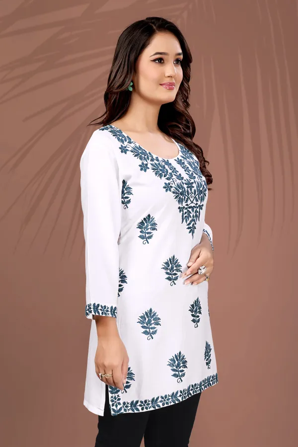Rudra_Lifestyle_Women_Chikan_Embroidery_A-Line_Kurta_White_And_Dark_Blue