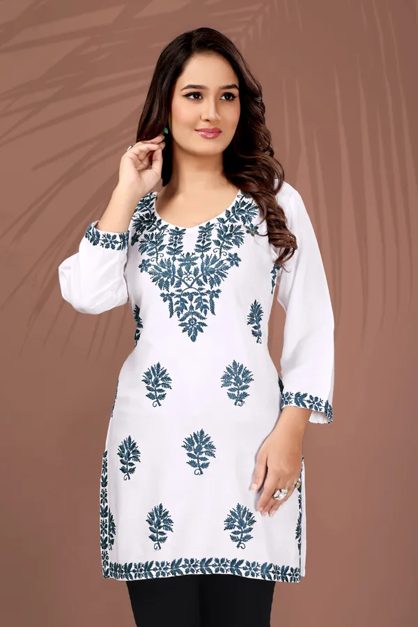 Rudra_Lifestyle_Women_Chikan_Embroidery_A-Line_Kurta_White_And_Dark_Blue