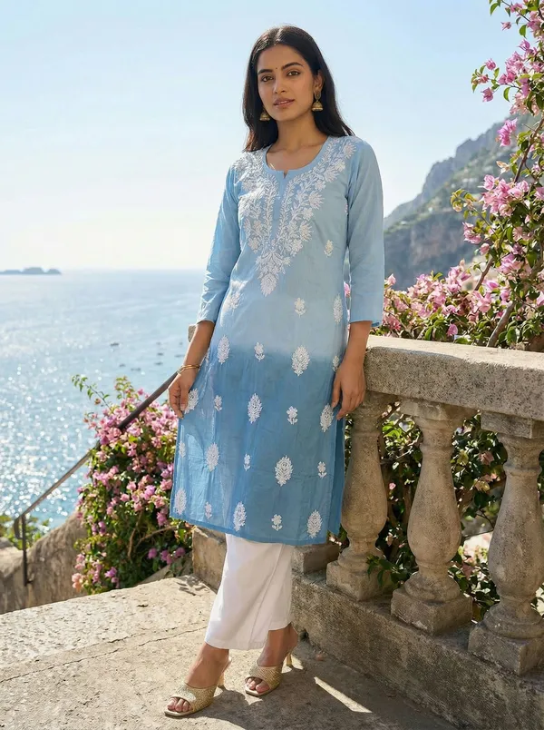 Rudra_Lifestyle_Women_Chikan_Embroidery_A-Line_Kurta_Light_Blue