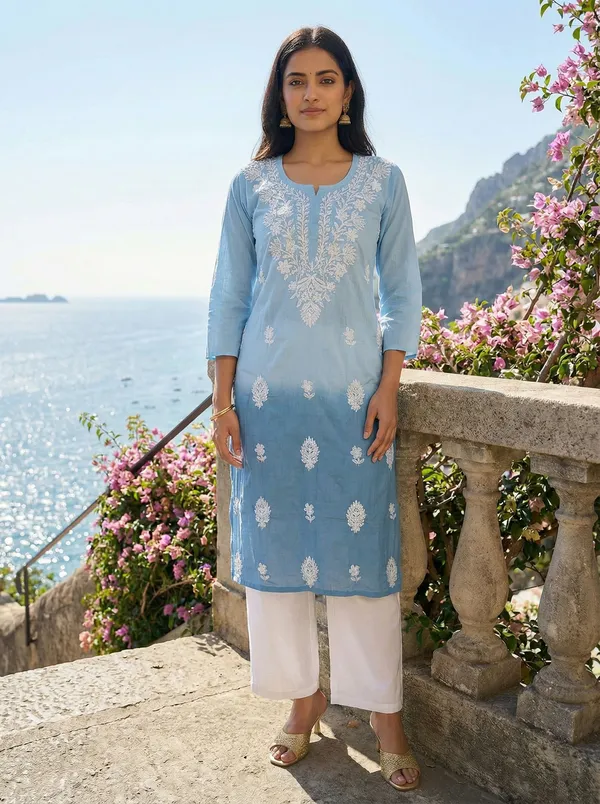 Rudra_Lifestyle_Women_Chikan_Embroidery_A-Line_Kurta_Light_Blue