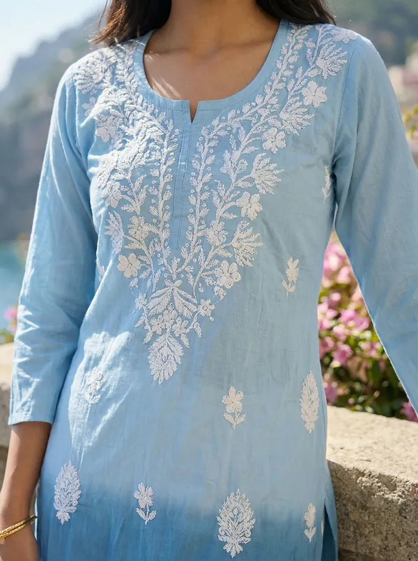Rudra_Lifestyle_Women_Chikan_Embroidery_A-Line_Kurta_Light_Blue