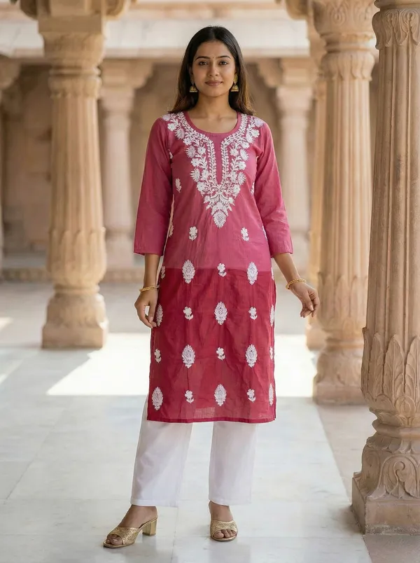 Rudra_Lifestyle_Women_Chikan_Embroidery_A-Line_Kurta_Pink