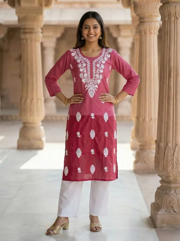 Rudra_Lifestyle_Women_Chikan_Embroidery_A-Line_Kurta_Pink