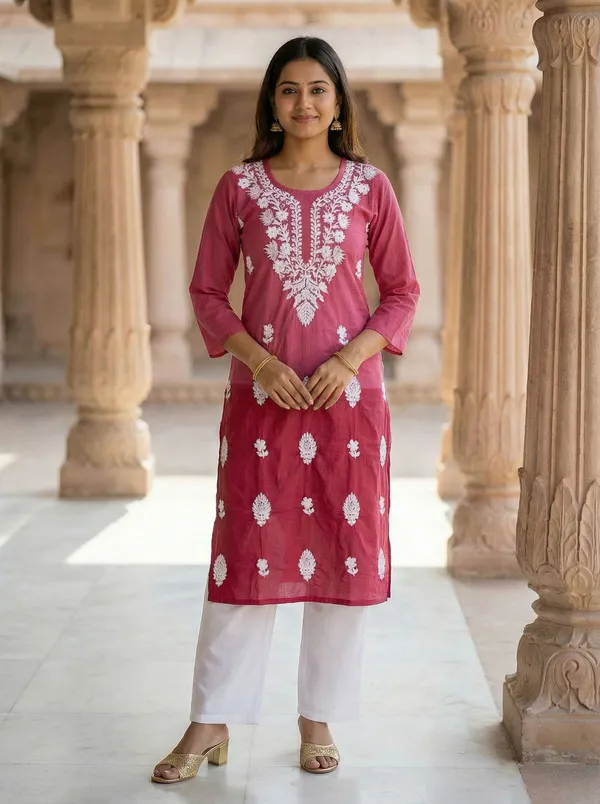 Rudra_Lifestyle_Women_Chikan_Embroidery_A-Line_Kurta_Pink