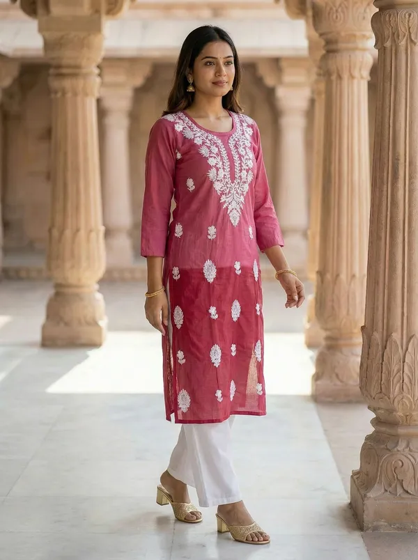 Rudra_Lifestyle_Women_Chikan_Embroidery_A-Line_Kurta_Pink