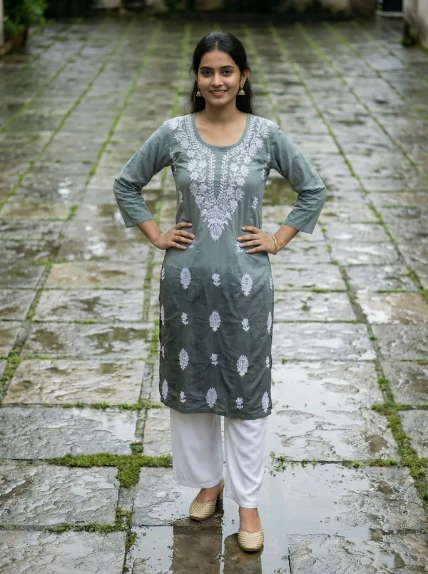 Rudra_Lifestyle_Women_Chikan_Embroidery_A-Line_Kurta_Grey