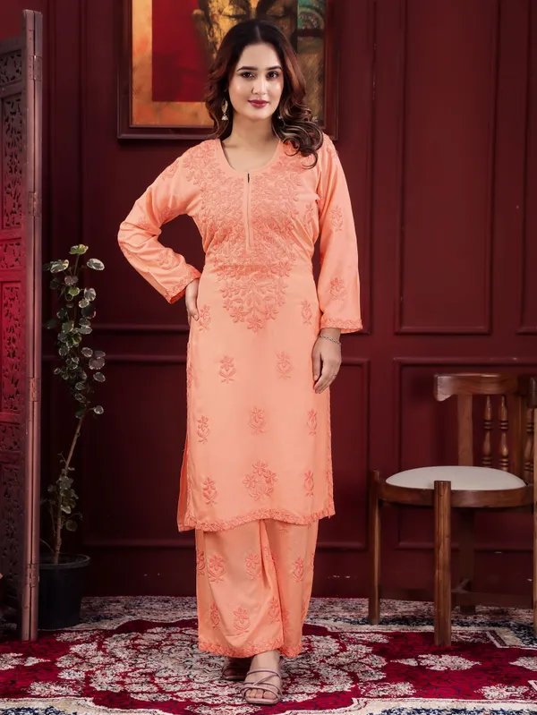 Peach_Chikankari_Embroidered_Rayon_Kurta_Palazzo_Set
